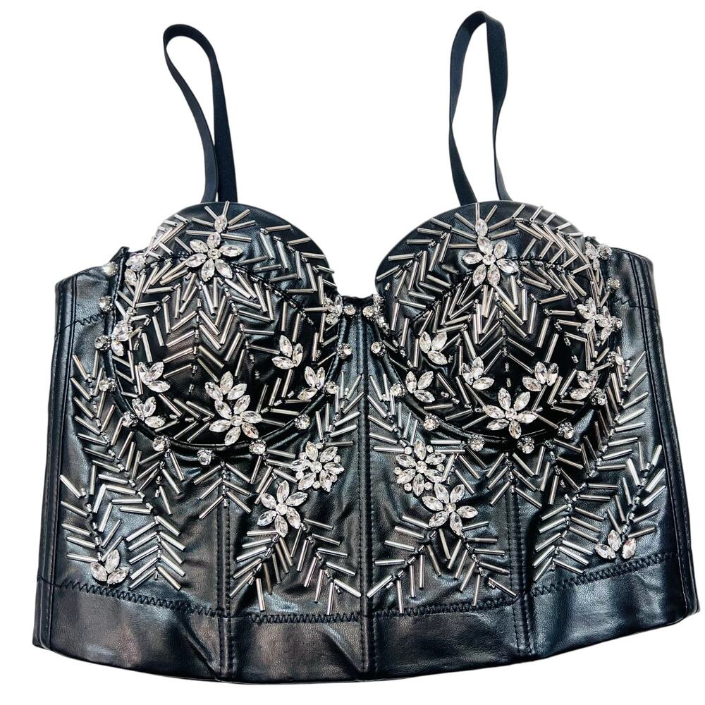 Windsor Halter Corset Top Small PU Leather Spaghetti Strap Beaded Rhinestoned